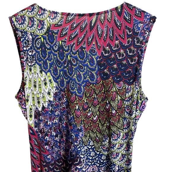 Connected Apparel Colorful Peacock Dress Size XL Sleeveless Vneck Ruched - Picture 6 of 8